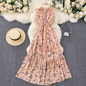 SINGREINY Frauen Rüschen Tiered Kleid Mode O Hals Ärmellose Blumen Lange Kleider Sommer Koreanischen Druck A-linie Kleid 210419