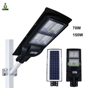 70W 150W Solar Smart Sensor Lampor Markera lampa Pärlor Utomhus LED Street Light Vattentät väggljus med fjärrkontroll och pol