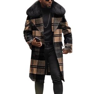 Designer Men&#039;s Plaid Blends Woolen Slim Fit Mid Length Fur Collar Coat Jacket Men Wool Autumn Winter Warm Coats Casual Fashion for Male Plus Size