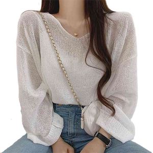 Thin section back V-neck sweater women's hollow lace-up trumpet sleeve sunscreen top summer Korean fashion clothing 210520