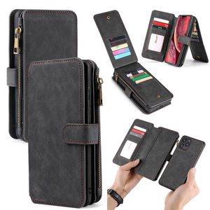 Multifunktionale abnehmbare magnetische Reißverschluss-Flip-Wallet-Lederhüllen für iPhone 13 12 Mini 11 Pro Max XR XS X 8 Plus Samsung S20 FE Ultra A21S A12 A42 A52 A72 A32 A22 A51 A71