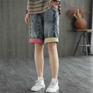 Women Summer Fashion Vintage Embroidery Ripped Contrast Color Patchwork Half Sleeve High Waist Denim Casual Female Chic Shorts 210714