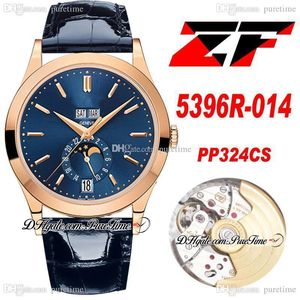 ZF Coroczna Kalendarz MoonPhase 5396R-014 A324 Automatyczny Zegarek Mens Rose Gold Blue Dial Stick Markery Skórzany Pasek Super Edition PureTime 324CS PP324SC PTPP Zegarki F6