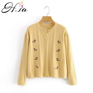 H.SA Mulheres Sweet Cherry Bordado Solto Cardigans Yellow Sweaters Knitwear Inverno Roupas Pink Jumper Ropa Mujer 210417