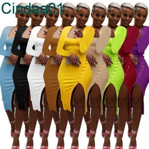 Mulheres vestido desenhista slim sexy bodycon split vestidos quadrados collar cor sólida manga longa maxi saia clubwear plus tamanho 9 cores