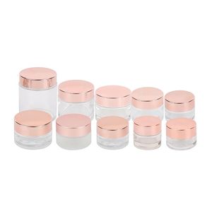 Recipiente cosmético de frasco de vidro transparente fosco com tampa de ouro rosa 5g 10g 15g 20g 30g 50g 100g Frascos de embalagem