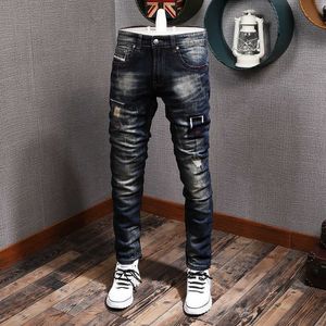 Ly designer moda homens jeans de alta qualidade retro escuro azul rasgado calças jeans streetwear elástico magro encaixe hip hop calças bvolvjs