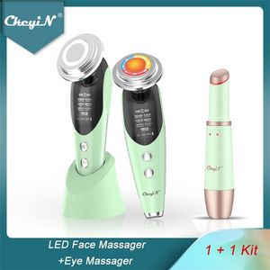 CkeyiN GREEN Face Beauty Machine 7In1 EMS LED Ljus Rynkborttagning Hudstramning Uppvärmd Vibration Eye Massager Wand 5 220216