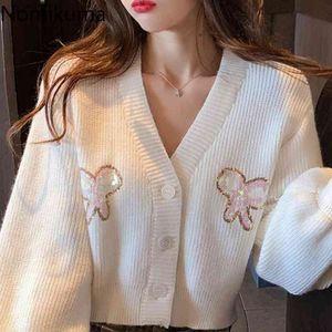 Nomikuma kvinnor kläder båge knut sequined cropped cardigan v neck långärmad koreansk söt tröja mode super mujer 3c615 210514