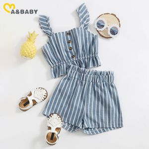 3-8Y Summer Child Kid Girl Clothes Set Blue Striped Ruffles Vest Tops Shorts Outfits Beach Holiday Costumes 210515