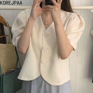 Korejpaa Women Shirt Summer Korean Chic Female Gentle Creamy White Thin V-Neck Three-Button Loose Puff Sleeve Short Blouses 210526