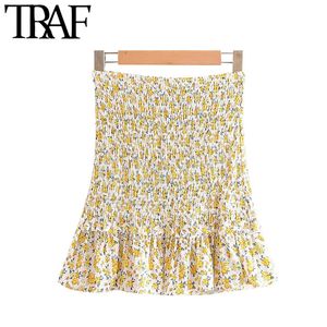 Traf Women Sweet Fashion Floral Print Ruffled Mini spódnica Vintage High Elastyczna talia Smocked Female Sprts Mujer 210415