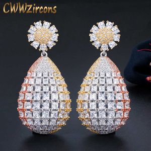 High Quality 3 Tone Dubai Gold Large Long Flower Drop Luxury Earrings for Bride Wedding Party Costume Jewelry CZ672 210714