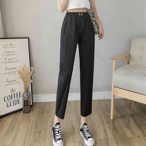 The Women Cotton Pants Summer Elastic Waist Loose Casual Harem Women's Pocket Linen Trousers 210507