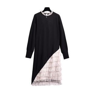 ブラックホワイトプルオーバーoネックロングスリーブ緩いミディ秋のドレスパッチワークフリルメッシュ韓国のスウェットShirts D1410 210514