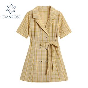 Short Sleeve Summer Crop Dress Women Plaid Print Vintage Korean Double Breasted Mini Frcoks Or Vestidos Bandage Slim Female 210417