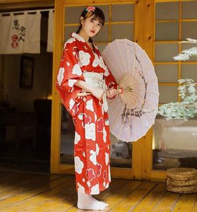 ingrosso Abito Carino Kimono-Abiti casual Kawaii Ragazze Kawaii Giapponese tradizionale Kimono Dress con cintura cintura carino rosso grande fiori stampa lunga lolita
