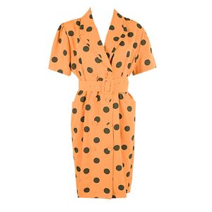 Orange White Green Polka Dot Turn Down Collar Short Sleeve Dress Double-breasted Pocket Sash Summer D1547 210514