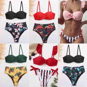 Paski koronki Ruffle Push Up Women Bandeau Swimsuit Kobiet Stroje Kąpielowe Biustonosz Puchar Bikini Zestaw Wysokiej Kostium Kąpielowy F72X0523