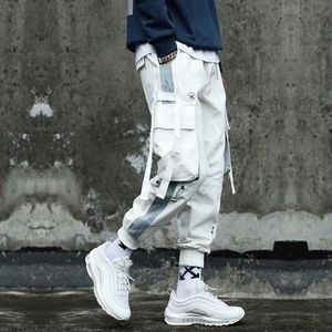 Męskie spodnie męskie czarne bojówki na joggery spodnie dresowe męskie białe koreańskie Techwear Steetwear hip-hopowe wstążki