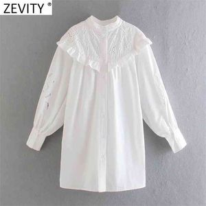 Kobiety Vintage Hollow Out Haft Ruffles Casual White Dress Kobieta Chic Stojak Kołnierz Bierowany Kimono Vestidos DS8121 210416