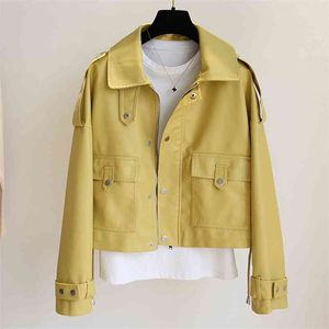 Spring Autumn Women Slim Leather Jacket Zipper Pockets Motorcycle PU Coat Solid Parka Overcoat 210430