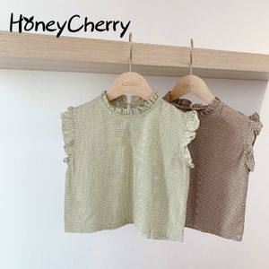 Chemise d'été à carreaux sans manches en dentelle pour enfants chemisier pour filles hauts et chemisiers bébé fille vêtements 210515