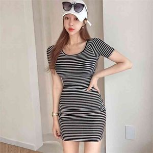 Black Stripe mini Dress korean ladies Seexy Short Sleeve crew neck Office Night Club Party Dresses for women clothing 210602