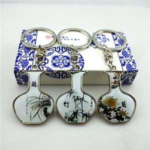 10Sets de alta qualidade estilo chinês chaveiro chaveiro anel exclusivo azul e branco porcelana chave chave sumvenir favores presentes para pequenas empresas