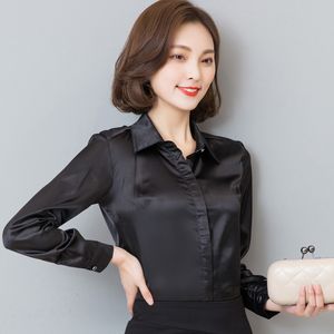 Kobiety Satin Silk Z Długim Rękawem Koszula Button-Down-Down Business Business Silky błyszcząca bluzka Top Elegancka Moda S-XXL 210419