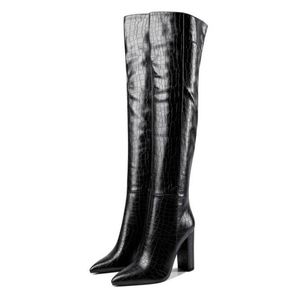 Buty Czarny Sexy nad kolanami Kobiety Wysokie Obcasy Obuwie Damskie Winter Winter Leather Długi Samica Buty Plus Rozmiar 43