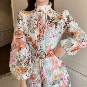 Floral Embroidery Hollow Out Lace Dress Women Ruffles Stand Collar Lantern Sleeve Single-Breasted Sashes Mermaid Short Dress 210412