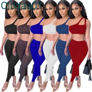 Mulheres Dois Peças Pants Designer Verão Casual Tracksuits Cor Sólida Irregular One-ombro Design Outfits Sem Mangas Yoga Leggings S-XXL