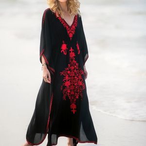 Black Cotton Beach Dress Red Embroidery Cover Up Sarong Beachwear Tunic 2021 Robe De Plage Swimsuit Women's Swimwear