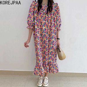 Korejpaa Women Dress Summer Korean Chic Western Style Round Neck Color Full Screen Floral Five-Point Puff Sleeve Vestidos 210526