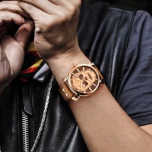 LMJLI - Benyar Nieuwe Creative Blue Skull Watch Mens Horloges Set Luxe Mode Lederen Quartz Polshorloge Klok Mannen Relogio Masculino