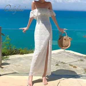 Summer Women Ruffle Maxi Off Shoulder Sexy Split White Lace Long Tunica Beach Dress 210415