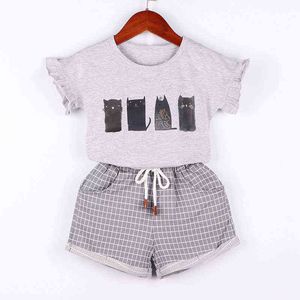 Set di abbigliamento per ragazze per abiti estivi Camicia stampata gatto grigio e pantaloni scozzesi Capispalla per bambini Vestire Set casual per bambini G220310