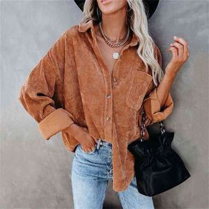 秋のコーデュロイジャケットの女性のオーバーハードシャツのボタンヒョウコート女性210922