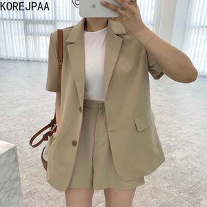 Korejpaa mulheres definir verão coreano chique nicho retro lapela solta de dois botões blazer alta cintura ocasional casual calças de perna larga 210526