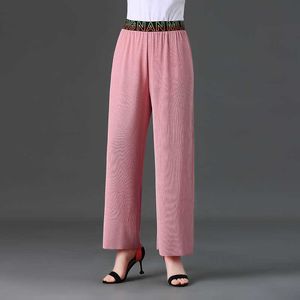 Rosa Schwarz Lose Anliegende Hose Frauen Frühling Sommer Glänzendes Tuch Breites Bein Elastische Taille Hose Reife Dame Bling Stoff Unten neue Q0801