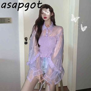 Loose Sexy Lapel Ruffles Transparent Mesh Purple Blouse Women Spring Chic Korean Thin Strapless Camisole Tops Fashion 210429