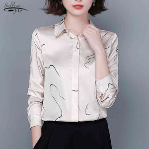 Autumn Silk Beige Shirt Women Office Printed Long Sleeve Blouse Plus Size Cardigan Ladies Tops Blusas 10459 210508