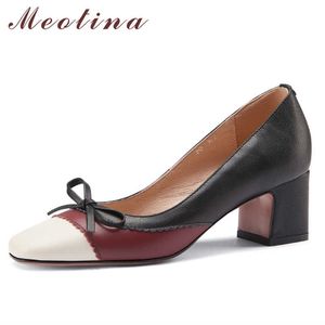 Meotina Kobiety Buty Naturalne Prawdziwej Skóry Wysokie Obcasy Kokon Chunky Obuwie Obuwie Kwadratowe Palec Panie Pompy Spring Beige Duży rozmiar 43 210608