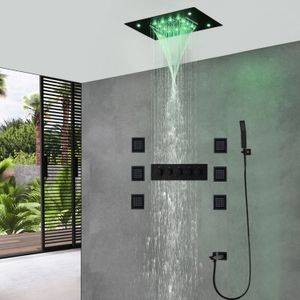 Conjunto de chuveiro LED 304 teto de aço inoxidável chuveiro de chuveiro de painel termostático banheiro torneiras pretas massagem jatos corporais