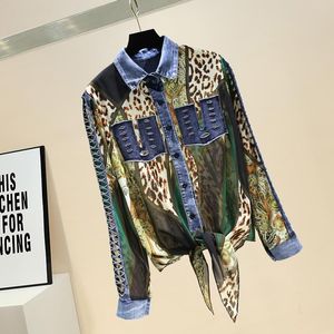 Modeblus kvinna denim lapptäcke leopard chiffon skjorta kvinnors långärmad damer skjortor blusas streetwear koreanska toppblusar