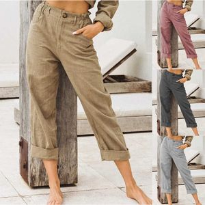 Yeni Katı Pamuk ve Keten Moda Gevşek Yüksek Bel Rahat Pantolon Kadınlar Için Pantolon Cepler Harem Pantolon Artı Boyutu Q0801