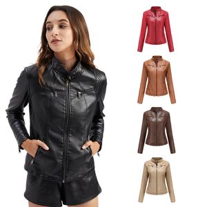 Moda donna giacca di pelle autunno inverno manica lunga cerniera solida motociclista cappotto oversize femminile capispalla casual