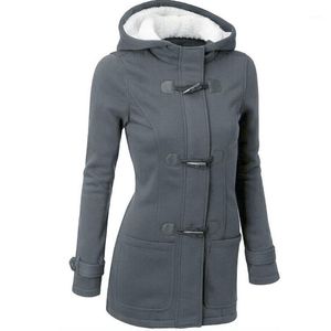 Partihandel - Kvinnor Trench Coat 2021 Vår Höst Kvinnors Overcoat Kvinna Lång Hooded Zipper Horn Button Ull Casual Tjock Outwear