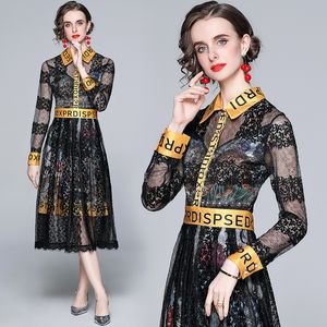 Black Printed Shirt Collar Dress Lace Midi Dress Long Sleeve Runway Designer Elegant Ladies Casual Office Dresses See Through Cocktail Party Womens Clothes